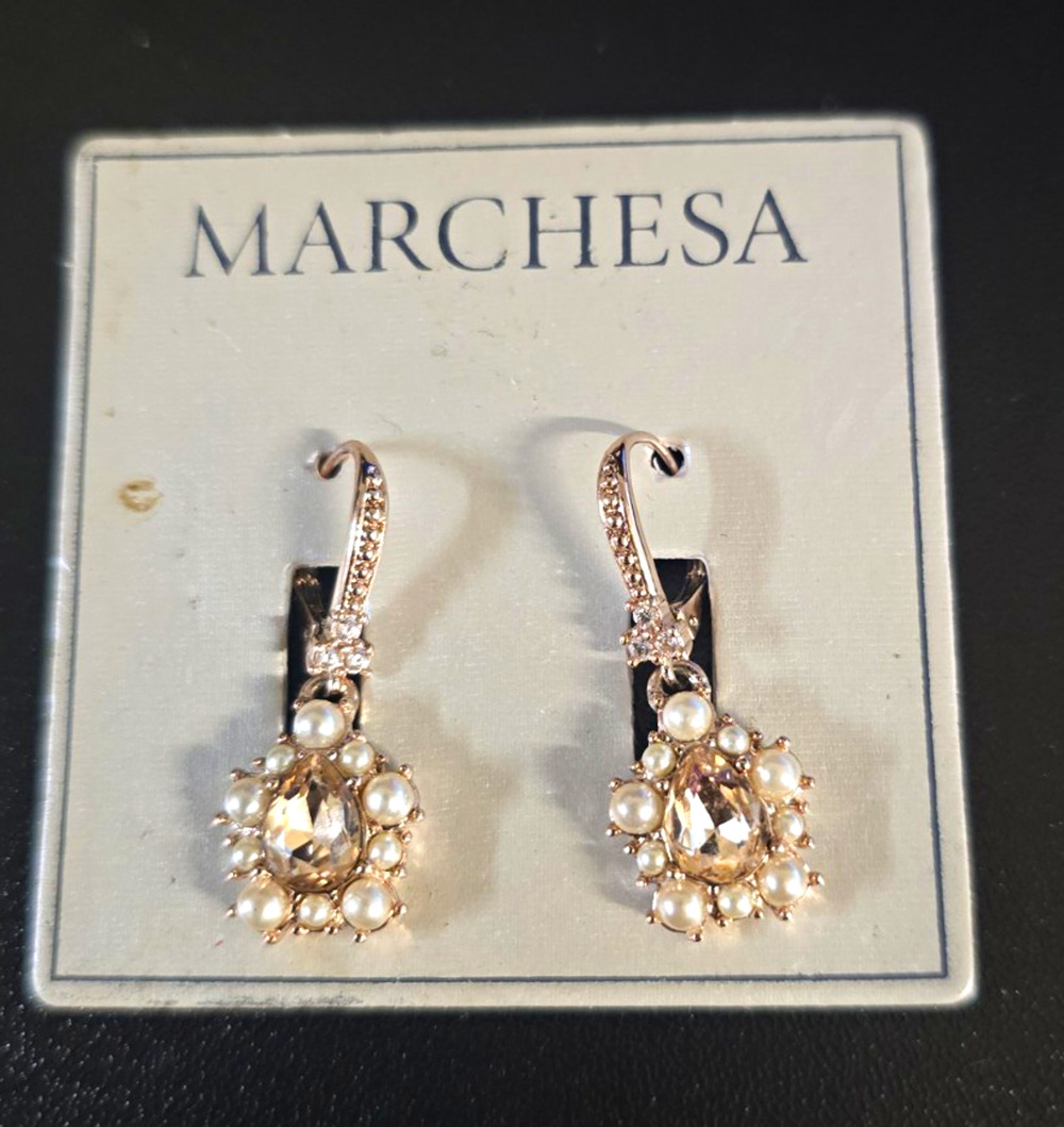 Marchesa Clear Crystal & Pearl Cluster Drop Dangle Earrings Silver Leverback